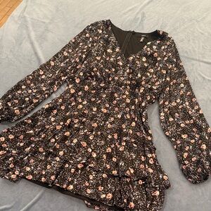 Aqua Black Floral Long Sleeve Dress